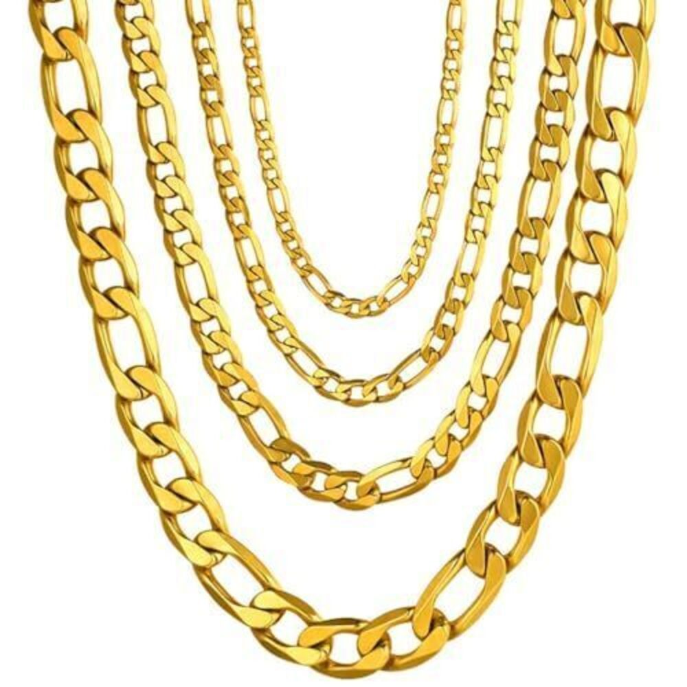 2339 Gold Chains Figaro Link Necklaces 13mm Simple Flat Big Wide Chunky 18K
